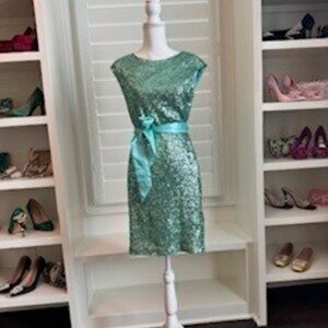 Mint Green Sequin Cocktail Dress with Satin Waist Tie – Size Medium